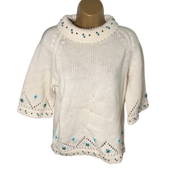 Vintage Sweaters - Vintage 60s Tarni Wool Knit Sweater Beaded Floral Eyelet Trim Cream 38